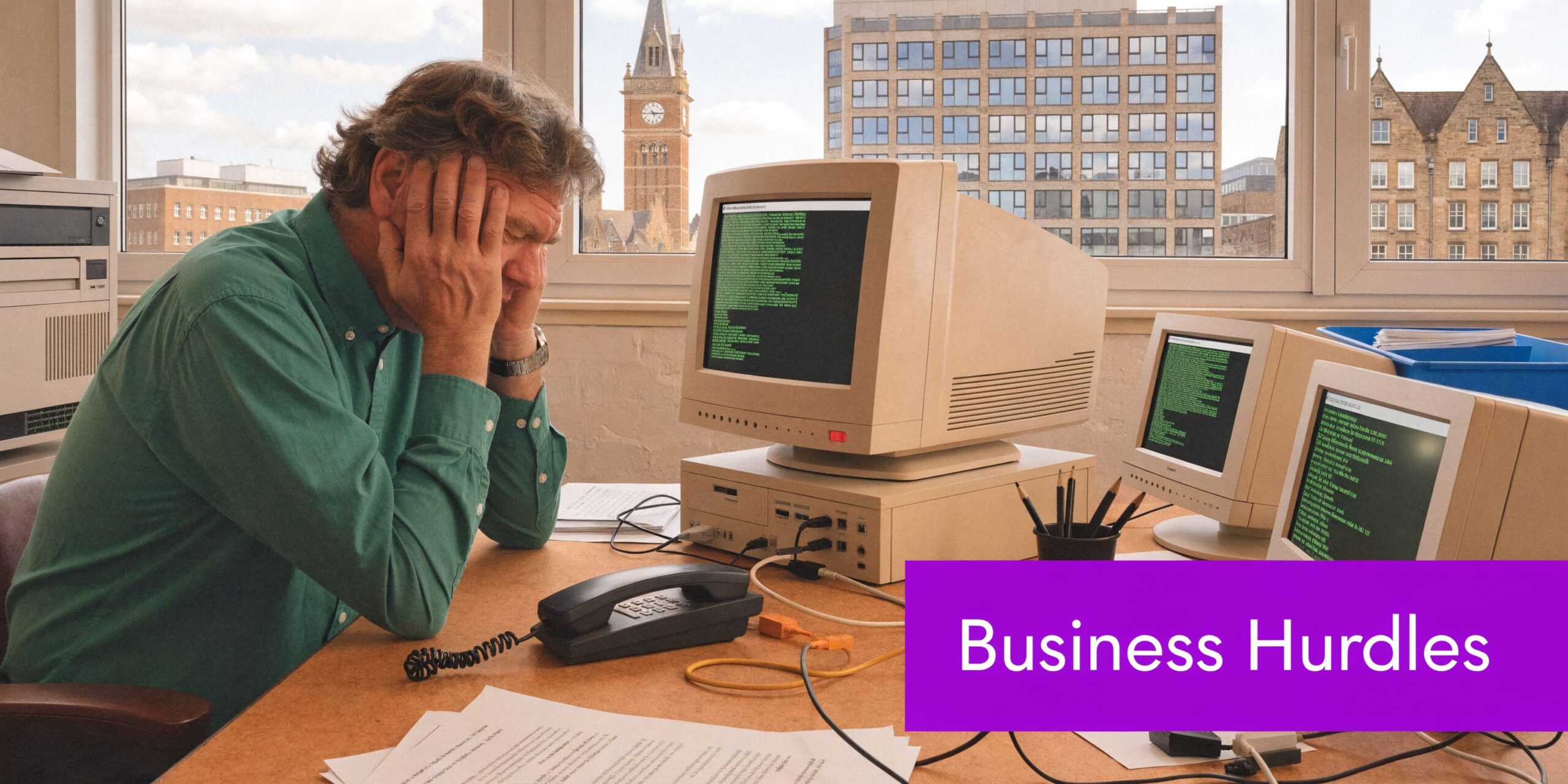 A stressed businessman sitting at a desk with vintage computers in an office overlooking city buildings.
