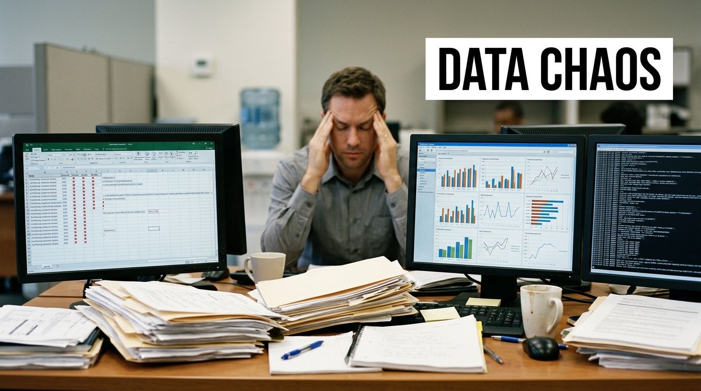 A stressed office worker sitting at a desk overwhelmed by cluttered paperwork and multiple computer screens displaying data.