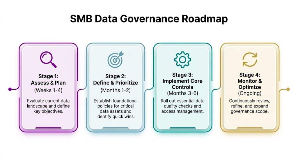 A four-stage roadmap for SMB data governance outlining steps from assessment to ongoing monitoring and optimization.