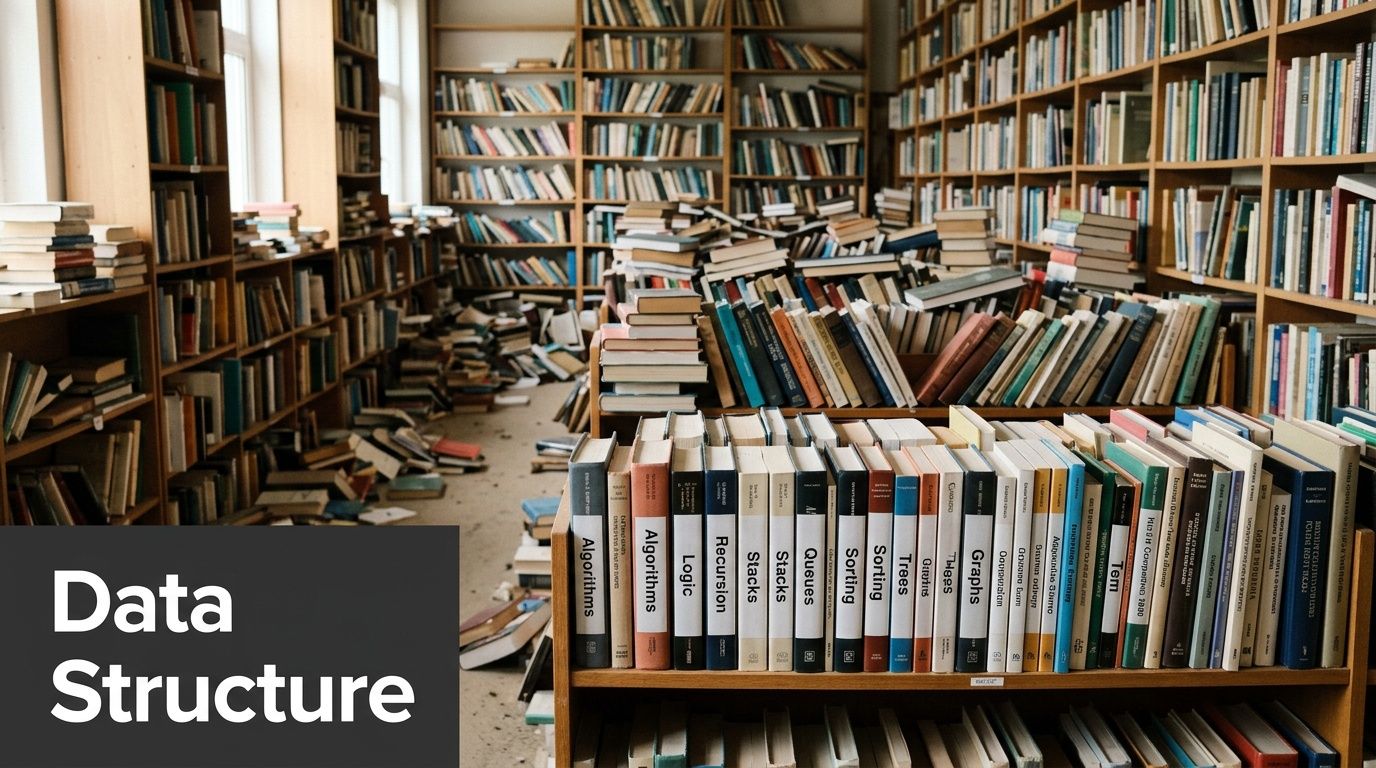 A large, messy library archive featuring shelves packed with various books and technical computer science texts.