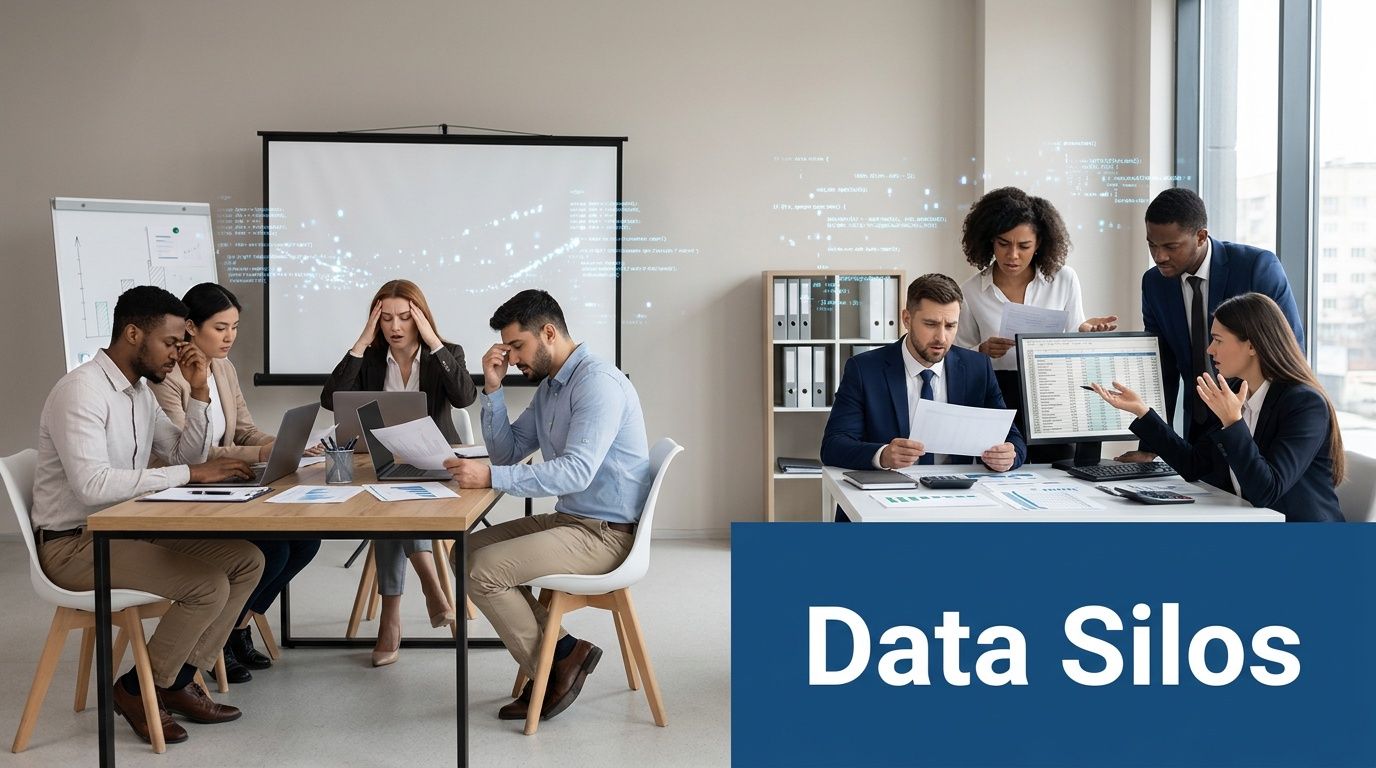 A professional office split showing a stressed team struggling with data silos and fragmented information.