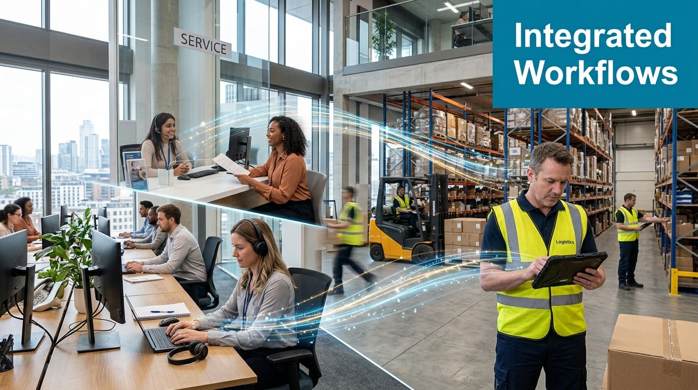 A split-screen view showing office staff working on computers and a warehouse worker scanning items with a tablet.