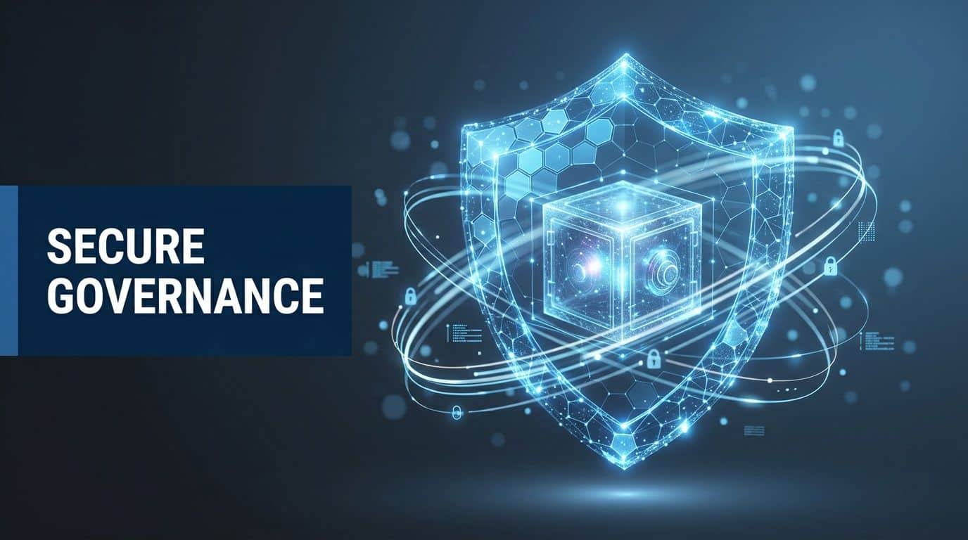 A digital graphic featuring a glowing shield protecting a secure vault box representing secure data governance.