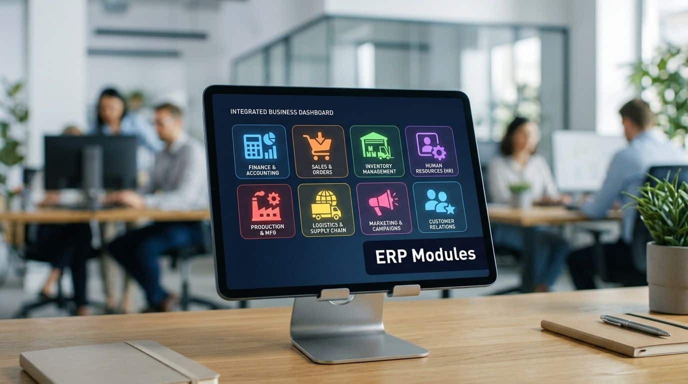 A tablet screen displaying an integrated business dashboard featuring eight distinct icons for various ERP software modules.