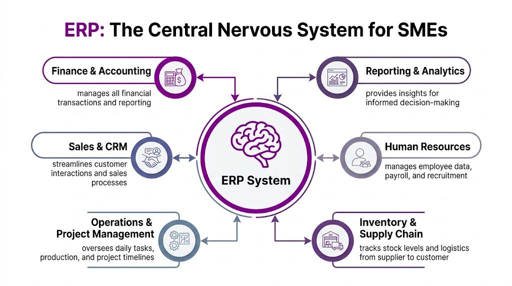 A diagram illustrating how an ERP system acts as the central nervous system for small business operations.