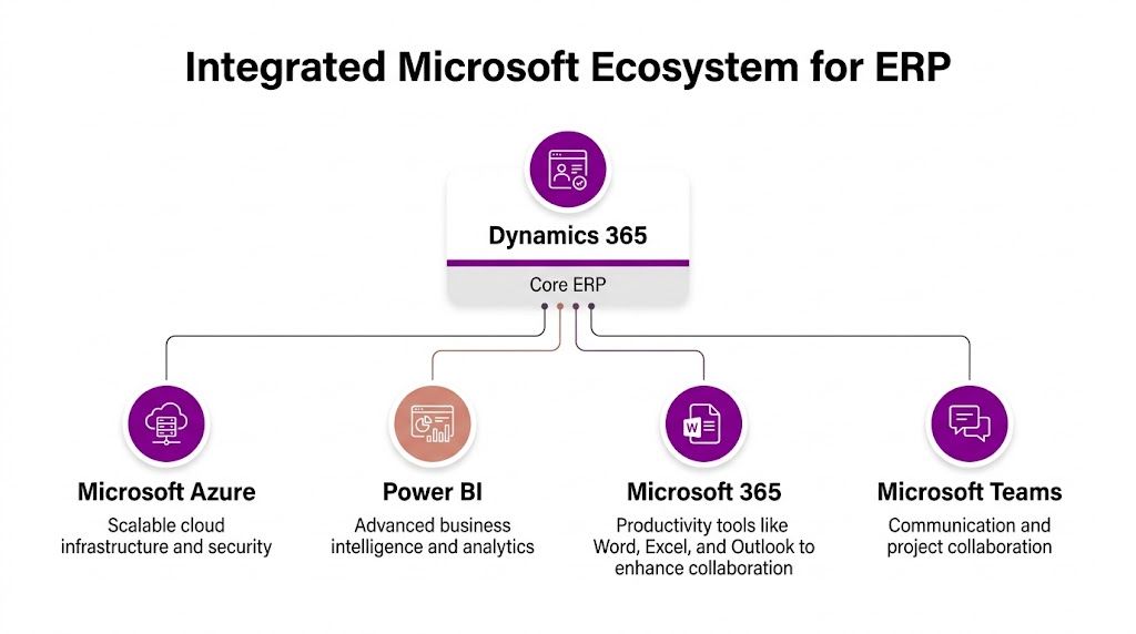 A diagram illustrating the integrated Microsoft ERP ecosystem centered around Dynamics 365, connecting with Azure, Power BI, Microsoft 365, and Teams.