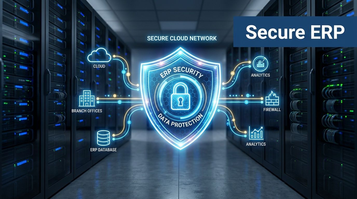 A digital graphic showcasing a glowing shield protecting a secure ERP network in a server room.