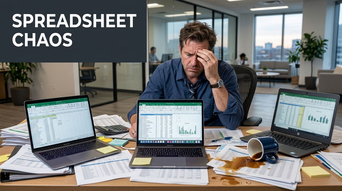 A stressed businessman sitting at a cluttered desk with multiple laptops and spilled coffee, illustrating spreadsheet chaos.