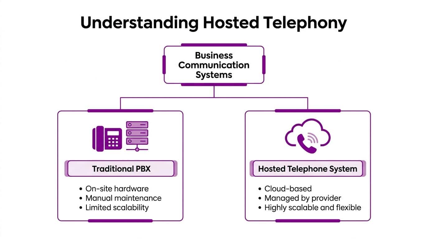 A diagram illustrating the comparison between traditional on-site PBX hardware and cloud-based hosted telephone systems for businesses.