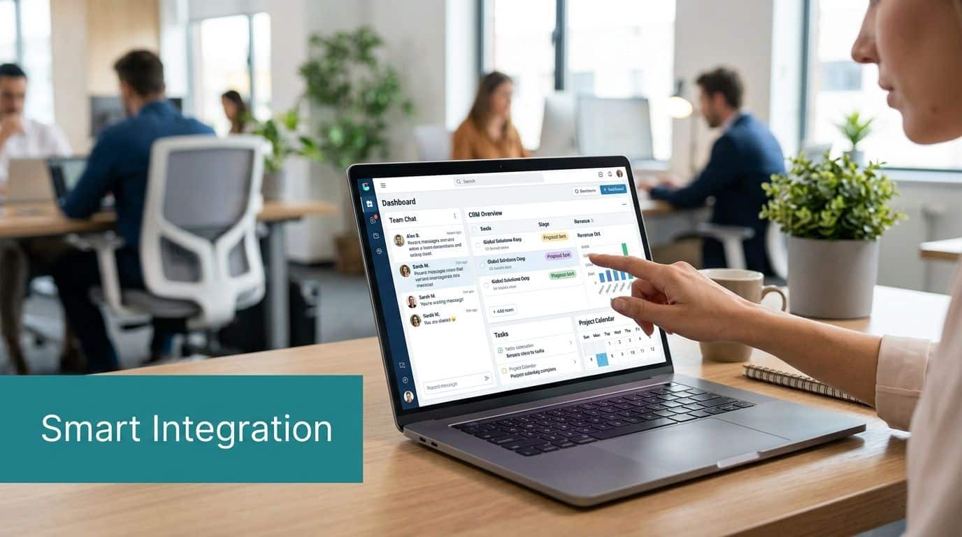 A professional working on a laptop displaying a business dashboard in a bright, collaborative office environment.