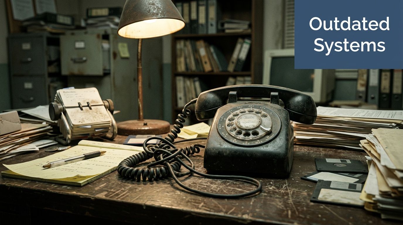 A vintage desk featuring a rotary telephone, stacks of paperwork, and floppy disks in an office setting.