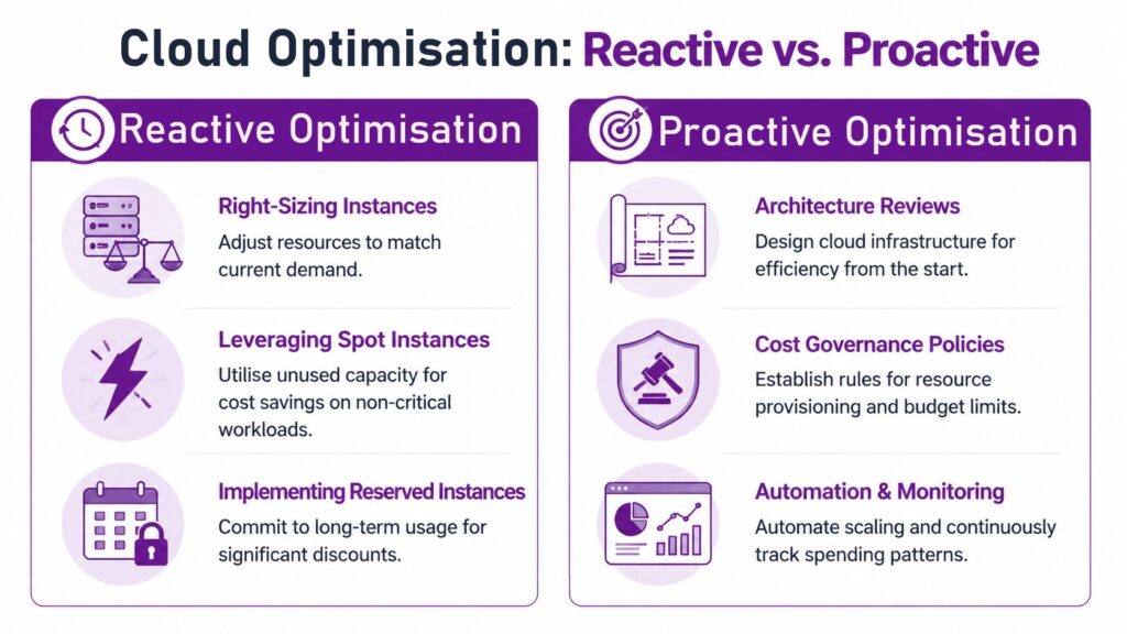 - Pioneering IT Solutions | F1Group in Lincoln & Nottingham A comparison chart showing strategies for reactive versus proactive cloud cost optimization techniques for businesses.