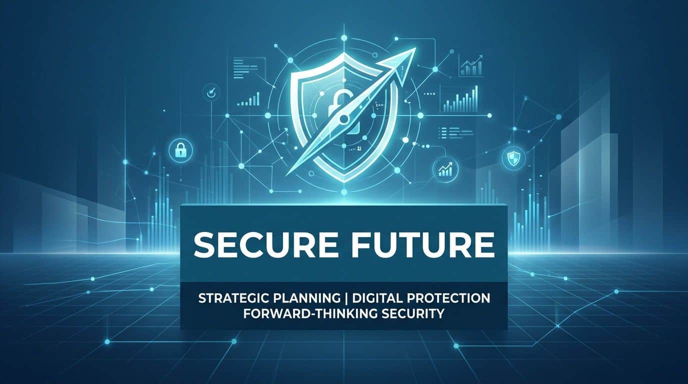A digital graphic featuring a shield and compass symbol representing secure future and strategic digital protection planning.