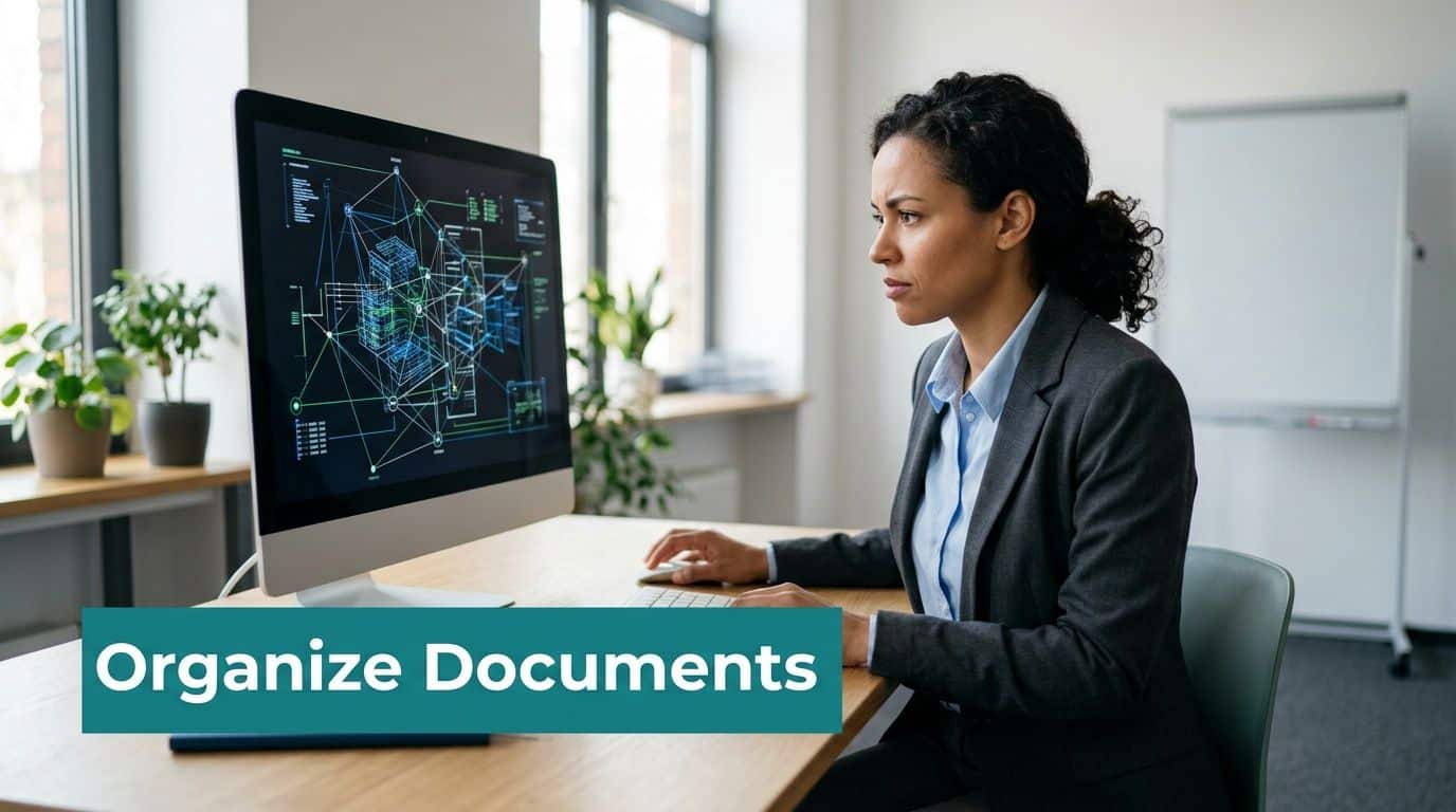 A professional woman in a suit focusing intently on a computer screen with complex network data visualization.