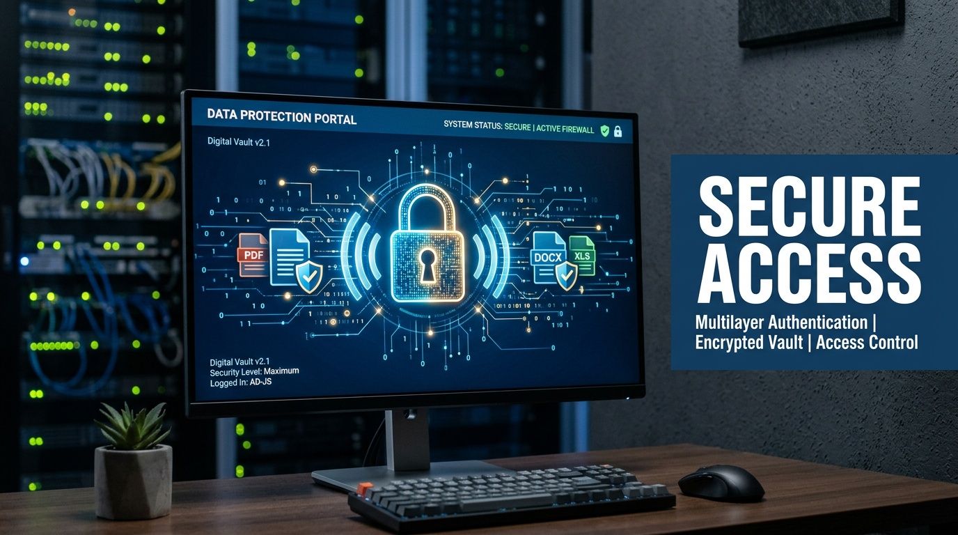 Computer monitor showing a data protection portal with a digital lock icon and secure document access features.