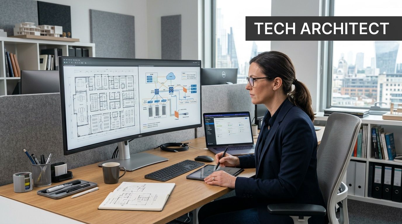 A professional tech architect working at her desk with multiple monitors and technical architectural diagrams displayed.