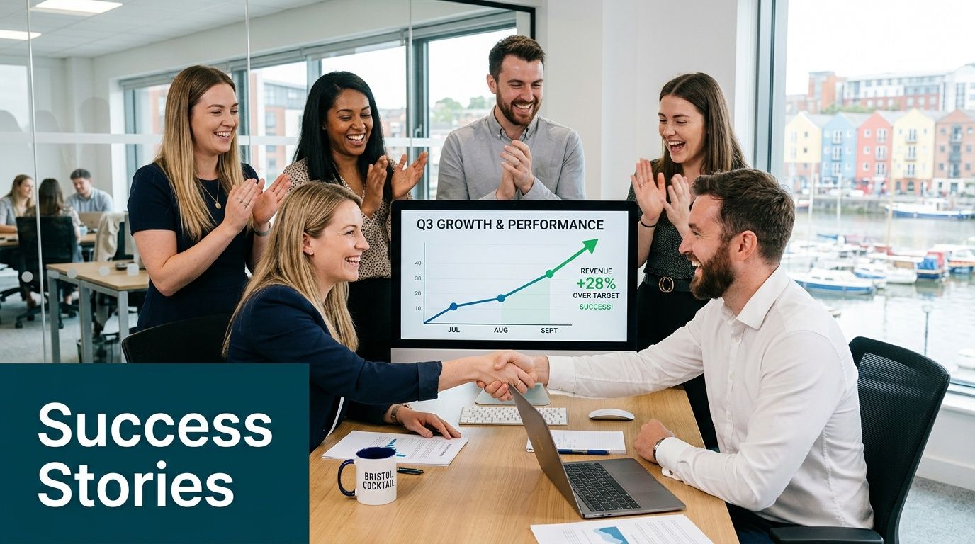 Team celebrating successful Q3 growth and performance with a handshake and applause in Bristol.