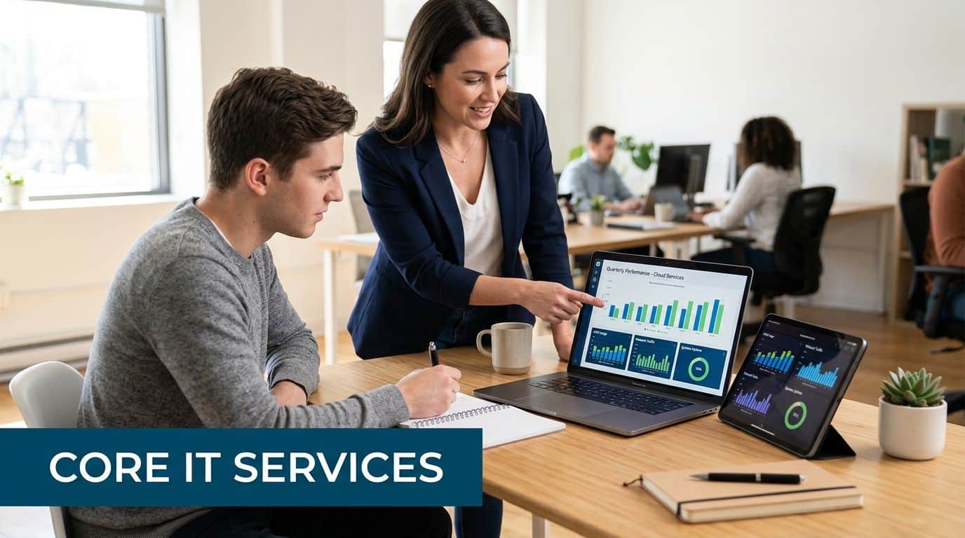 Two IT professionals in an office reviewing data and performance charts on a laptop.