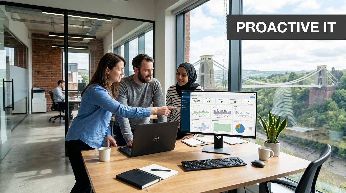 Three diverse colleagues discussing data on an IT dashboard in a modern office with a city bridge view.