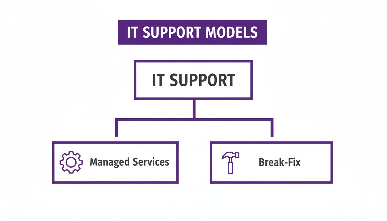 A diagram illustrating IT Support Models, distinguishing between Managed Services and Break-Fix approaches.