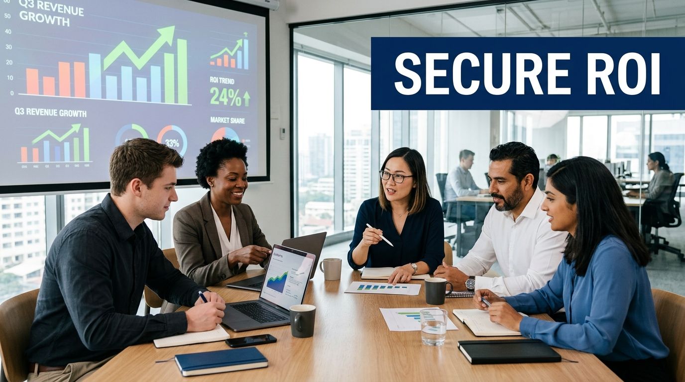 A professional team holds a business meeting in a modern office with data charts on the screen.