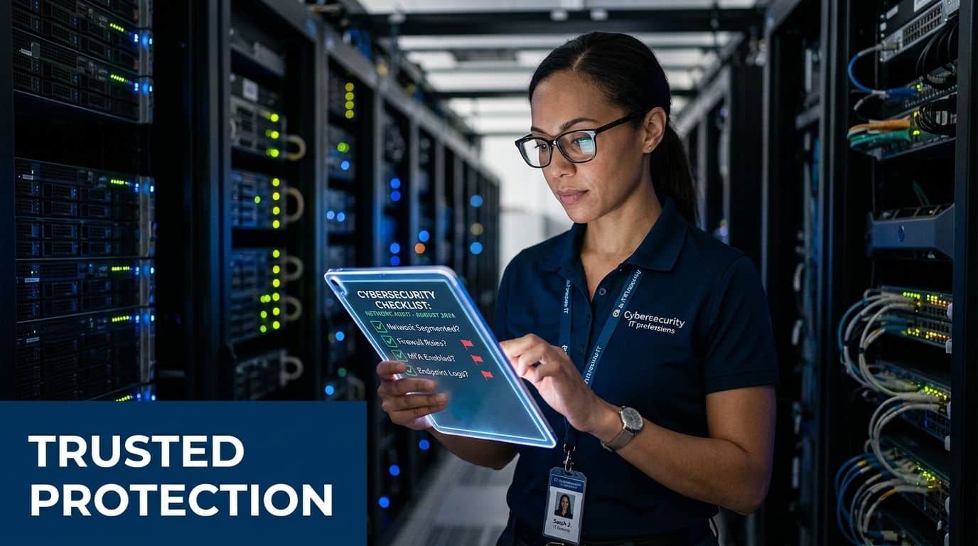 A professional cybersecurity expert reviewing a digital security checklist while standing in a server room.
