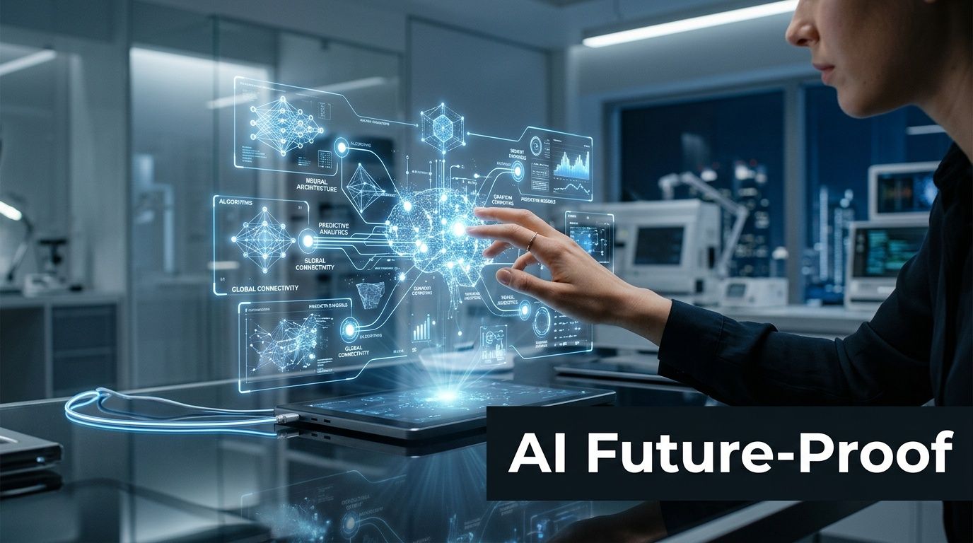 A professional interacting with a glowing digital AI brain interface representing advanced artificial intelligence and network connectivity.