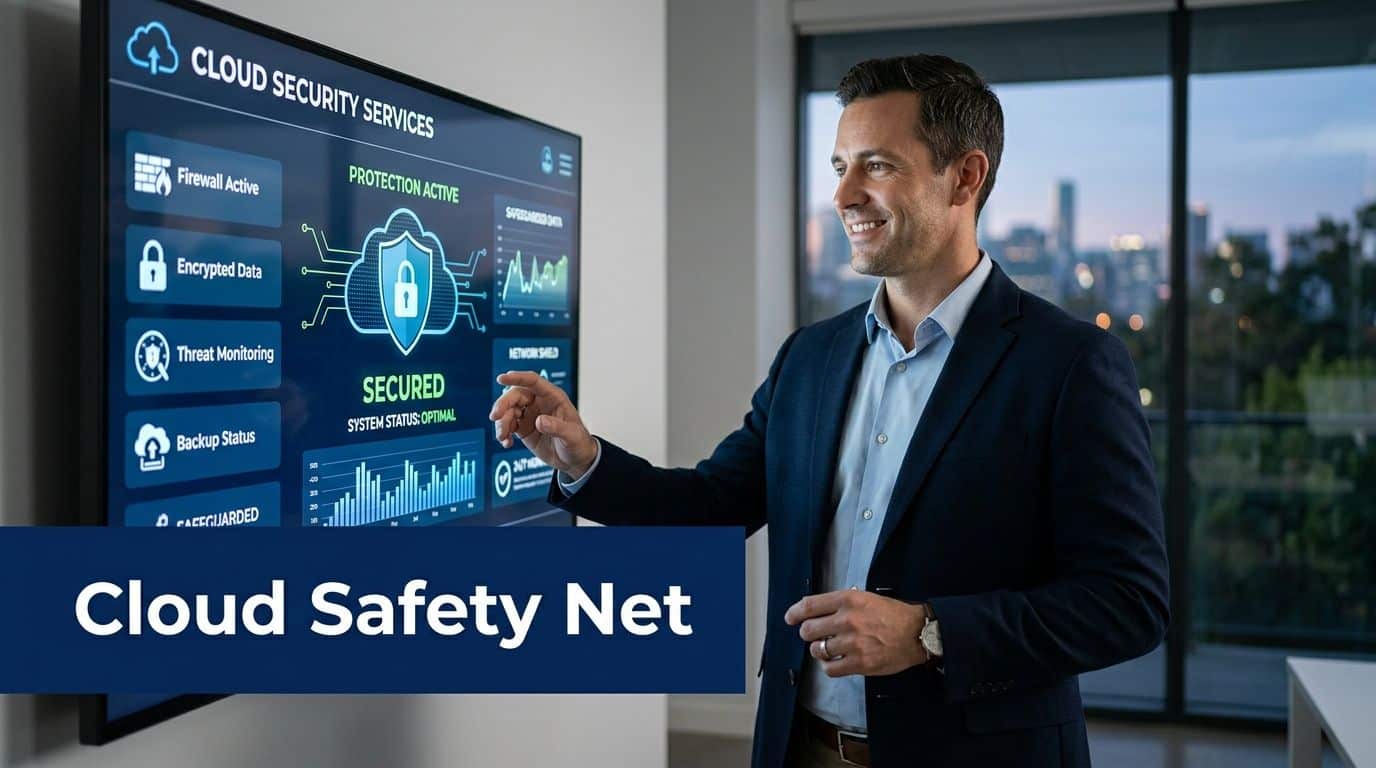 A professional man pointing at a digital cloud security dashboard displaying network safety status in an office.