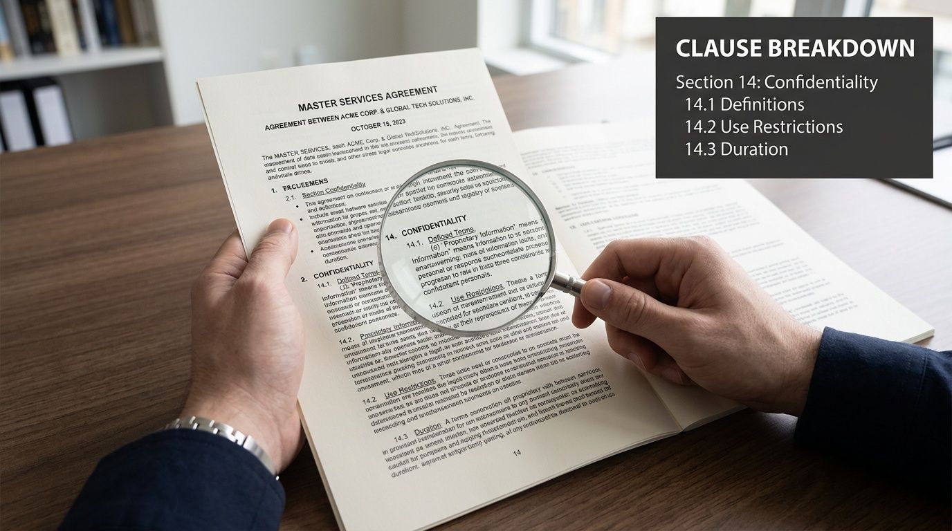 A person reading a master service agreement document with a magnifying glass focused on confidentiality clauses.