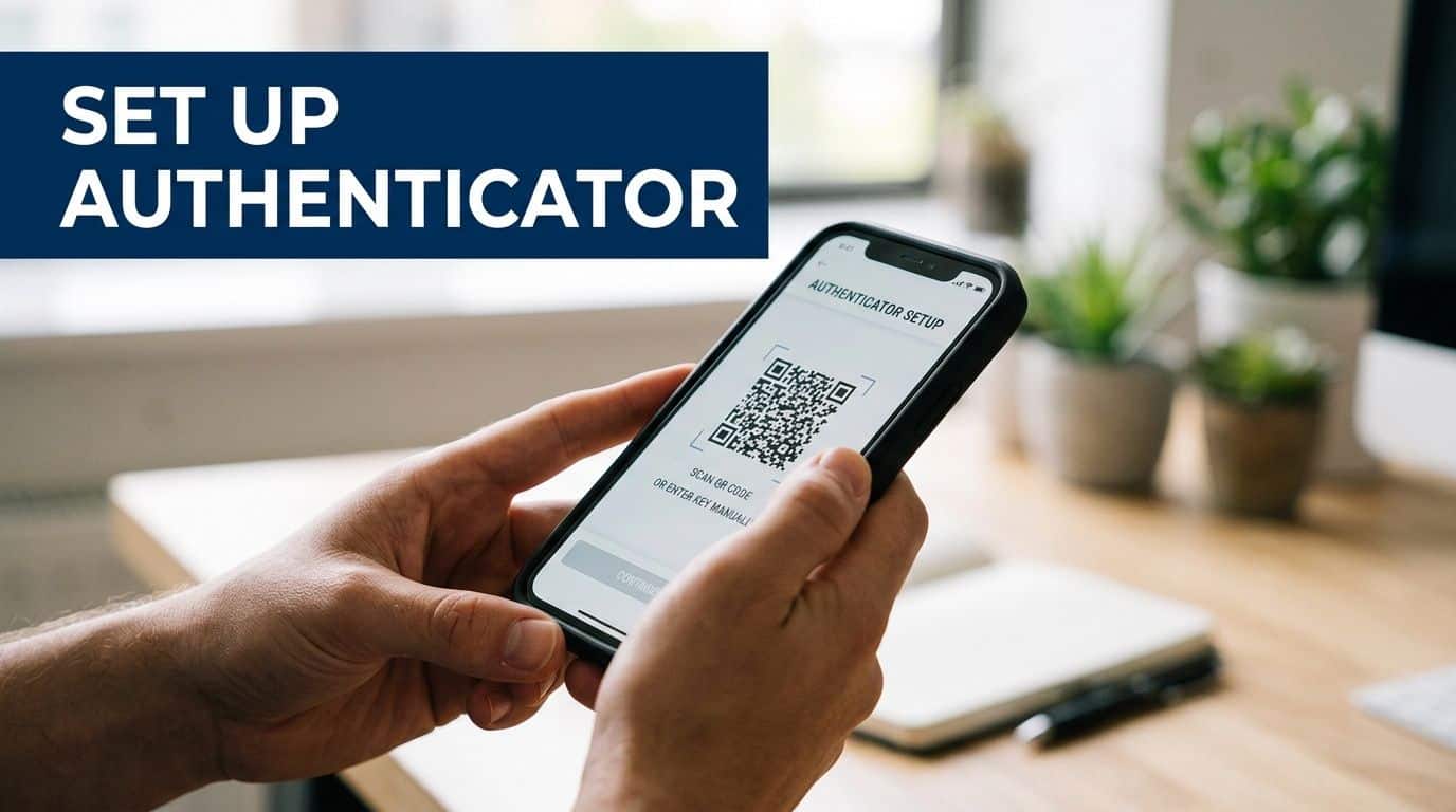 Hands hold a smartphone displaying a QR code for authenticator setup, with a clear instruction banner.