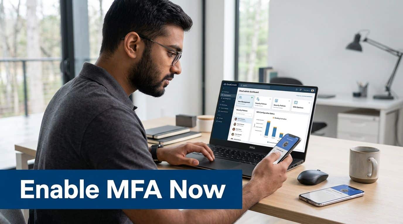 A man is working on a laptop displaying a cloud admin dashboard, holding a smartphone for MFA.