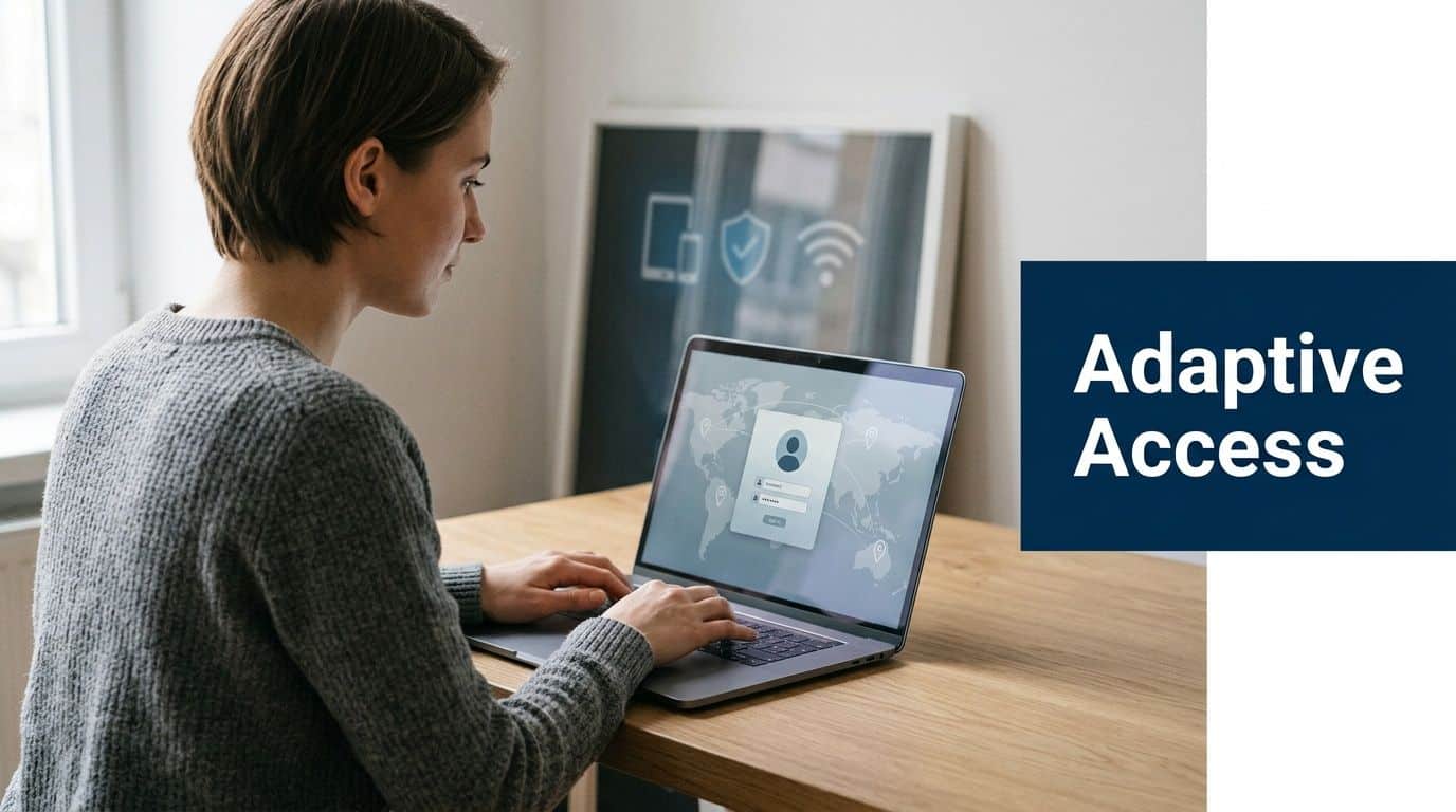 A woman working on a laptop at a wooden desk with a login screen displaying adaptive access.