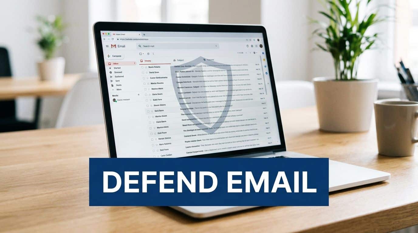 A laptop on a wooden desk displaying an email inbox protected by a digital security shield icon.