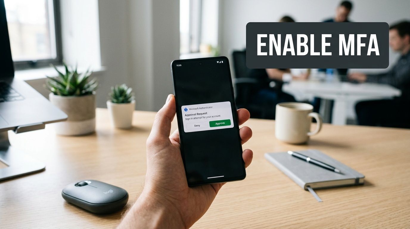 A hand holding a smartphone displaying a Microsoft Authenticator multi-factor authentication approval request on screen.