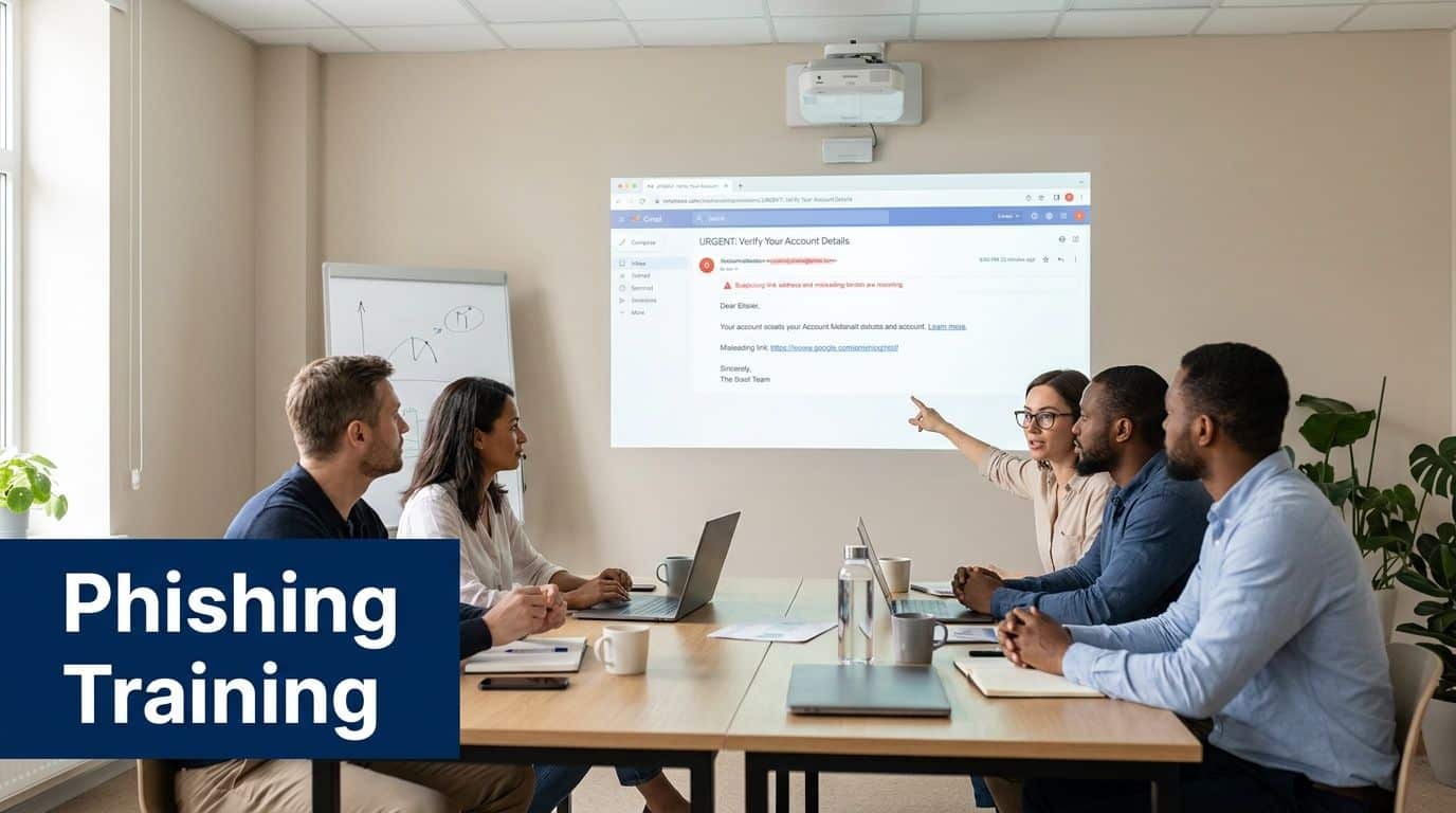 A diverse group of employees attending a corporate security training session on identifying phishing email scams.