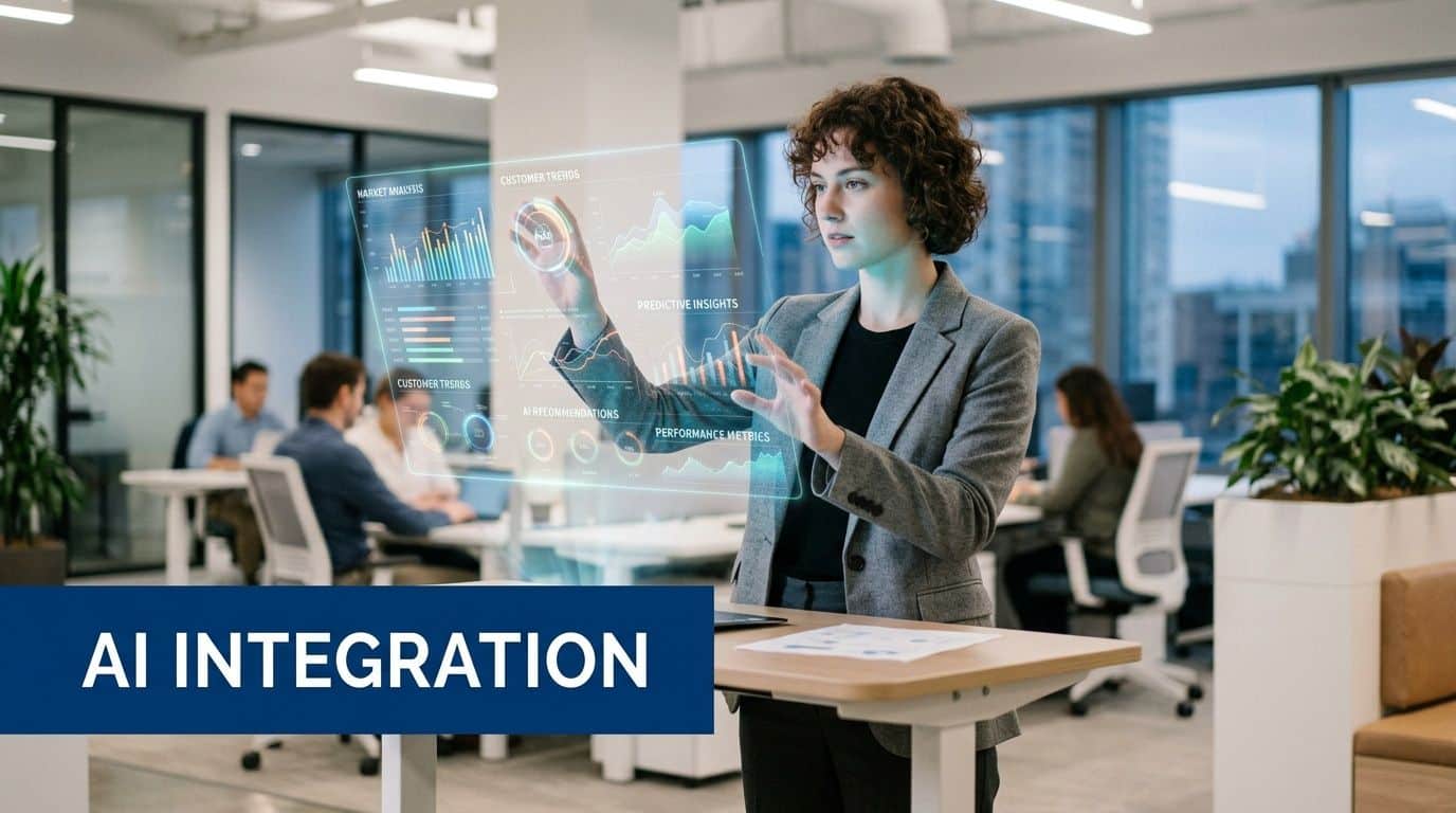 A businesswoman interacting with a holographic data dashboard in a modern corporate office, representing AI integration.