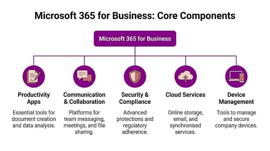 - Pioneering IT Solutions | F1Group in Lincoln & Nottingham A diagram illustrating the core components of Microsoft 365 for Business including apps, communication, security, and management.
