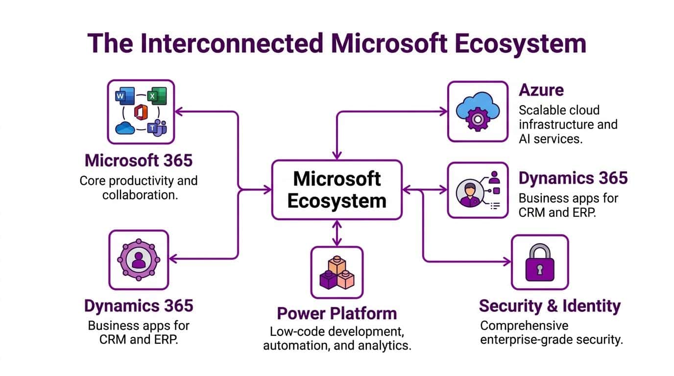 A diagram illustrating the interconnected Microsoft ecosystem components including Microsoft 365, Azure, Dynamics 365, Power Platform, and Security.