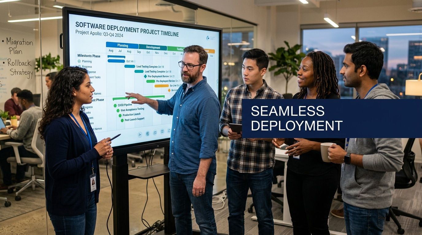 A professional team discussing a software deployment project timeline on a large digital screen in an office.