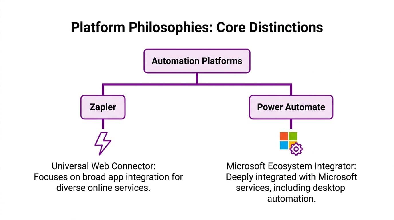A diagram comparing the automation platform philosophies of Zapier and Microsoft Power Automate.