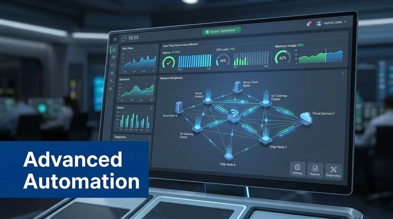 A computer screen displaying a complex network management dashboard in a futuristic, dark technology operations room.