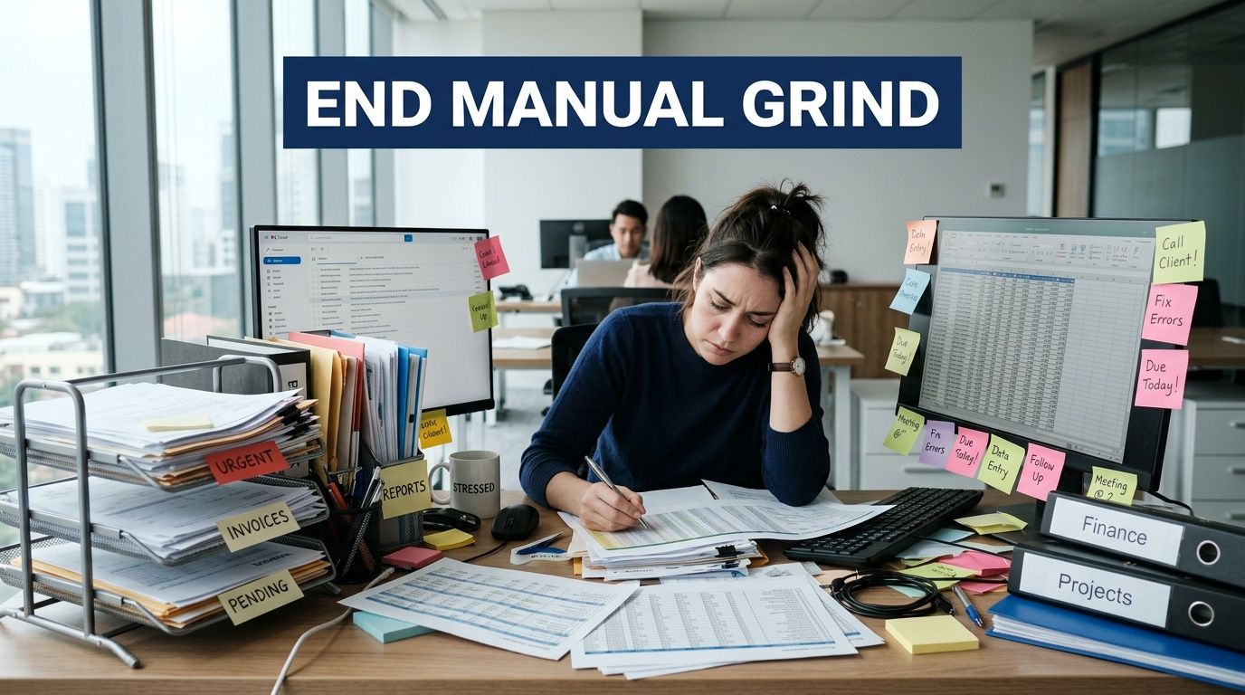 A stressed employee sits at an office desk overwhelmed by stacks of paperwork and spreadsheet tasks.