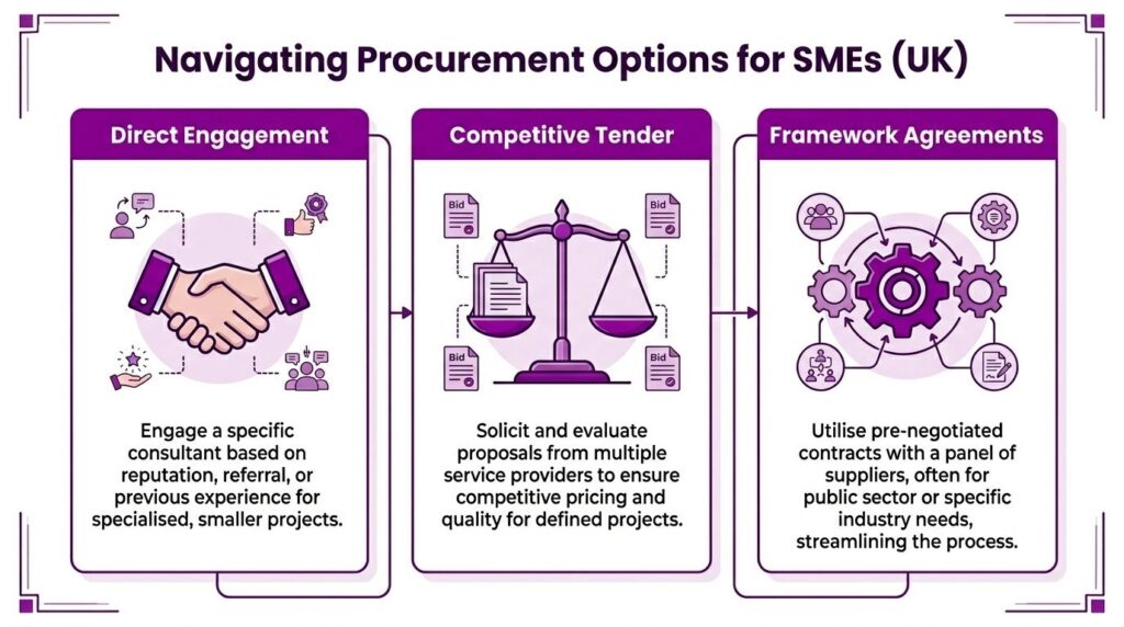 - Pioneering IT Solutions | F1Group in Lincoln & Nottingham A diagram outlining three procurement options for SMEs in the UK: Direct Engagement, Competitive Tender, and Framework Agreements.