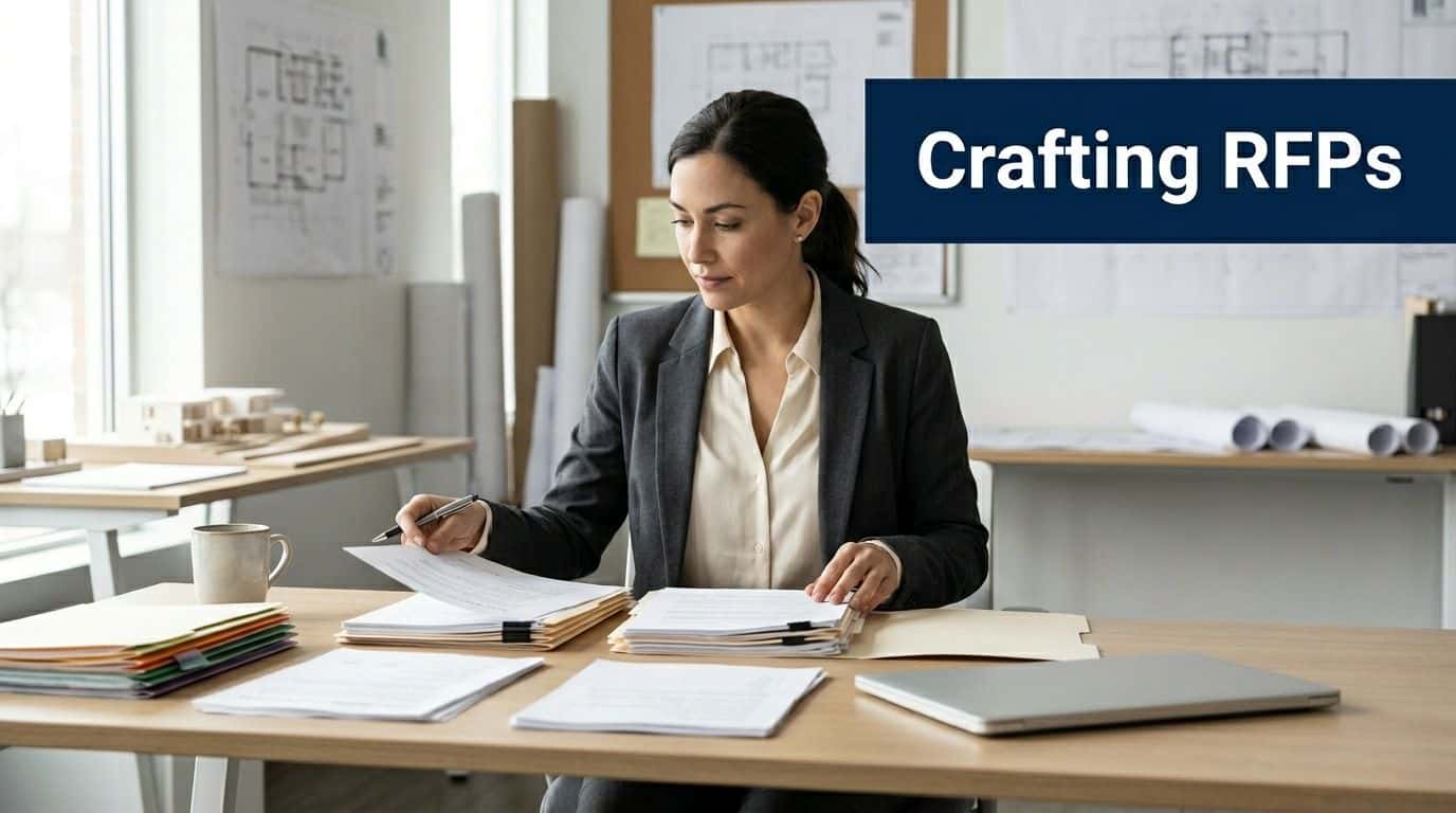 A professional woman in a suit sitting at an office desk reviewing documents for RFPs.