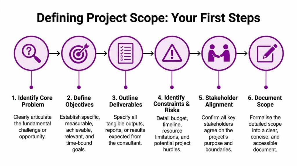 - Pioneering IT Solutions | F1Group in Lincoln & Nottingham A flow chart illustrating six steps to define project scope for consulting engagements.