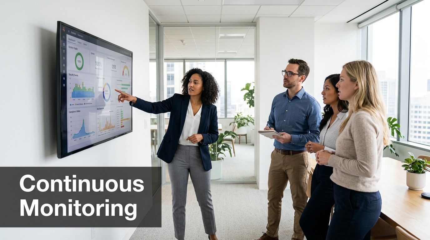 Diverse business team collaborating and analyzing data displayed on a large screen in a modern office.