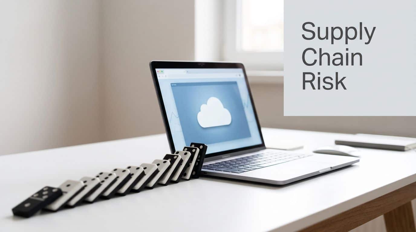 Dominoes falling towards a laptop with a cloud icon, illustrating supply chain risk.