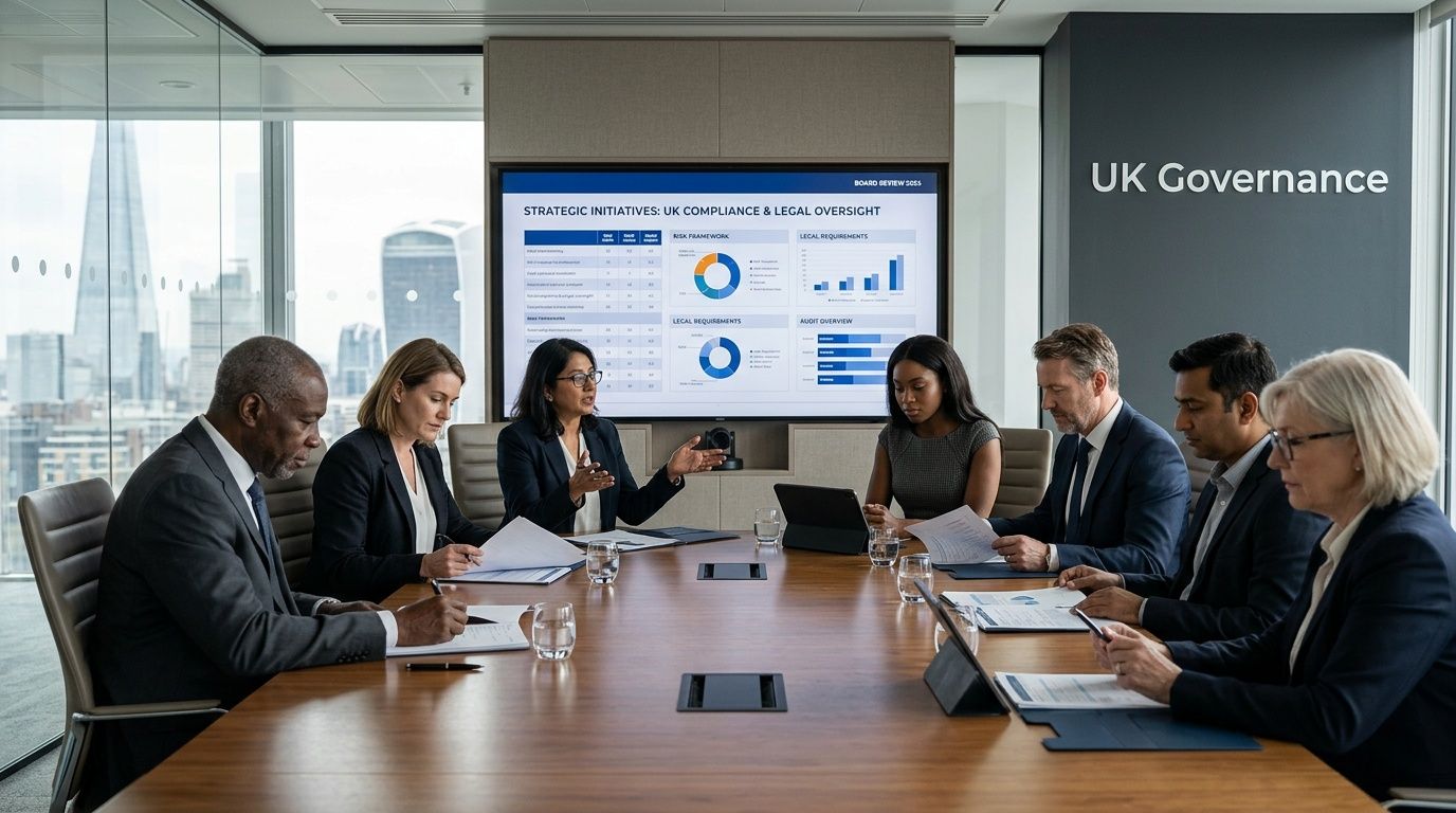 A professional boardroom meeting in London with executives discussing UK governance and legal compliance strategies.