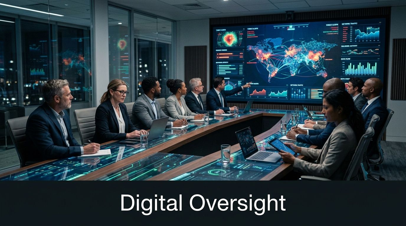 A diverse team of professionals in a high-tech boardroom reviewing global digital security data on large screens.