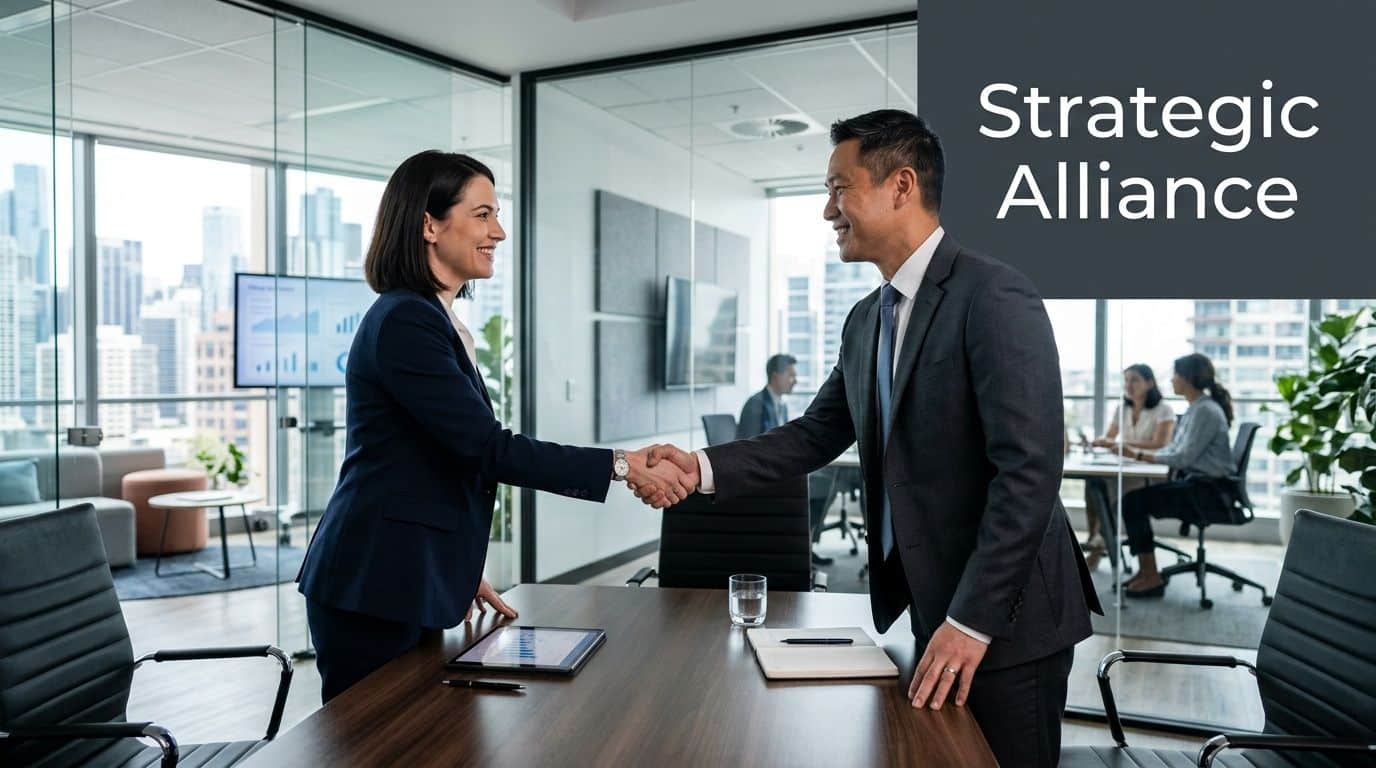 A professional man and woman shaking hands over a meeting room table for a strategic alliance.